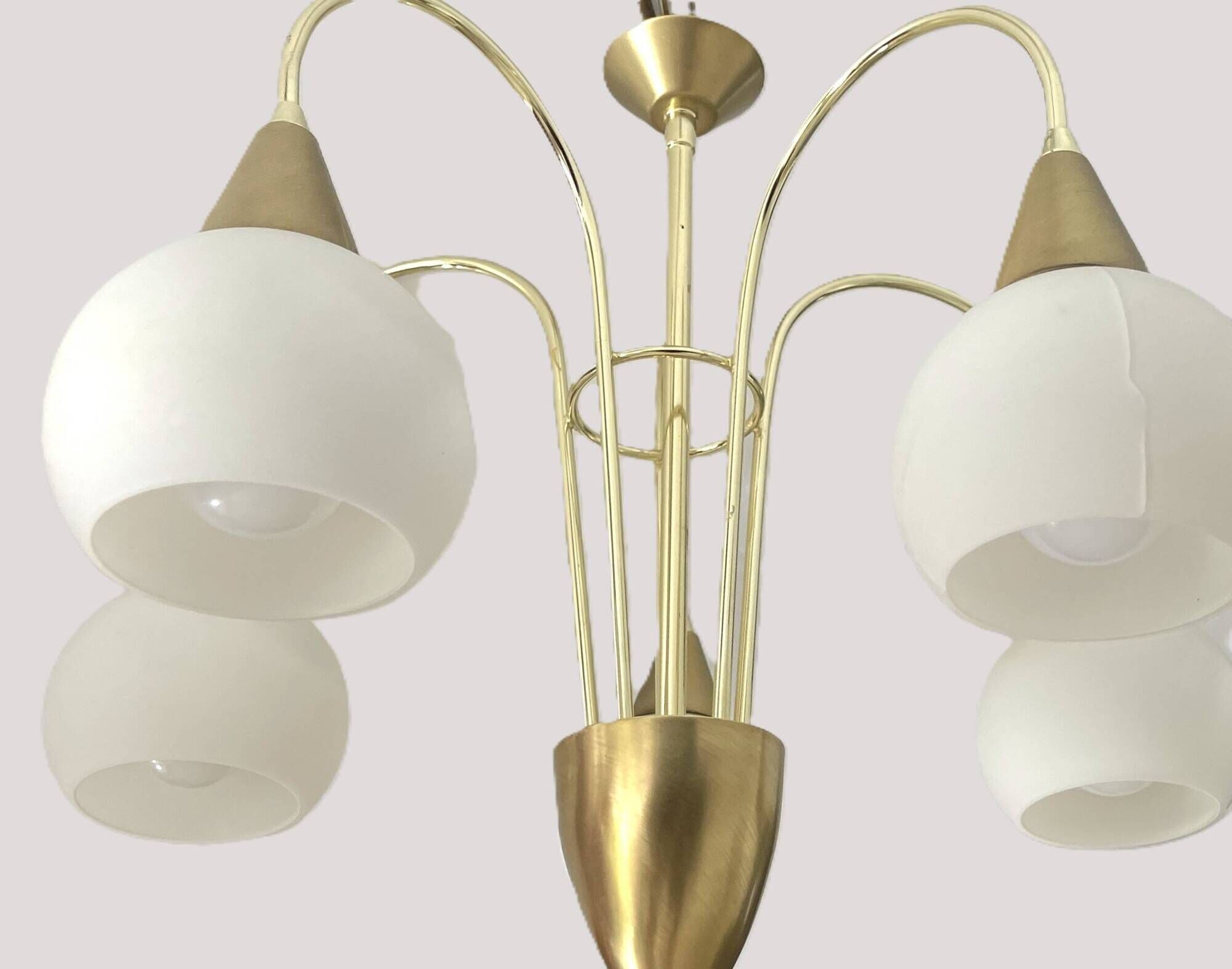Mid Century Suspension, 5 globes in brass and opal glass, Honsel Leuchten
