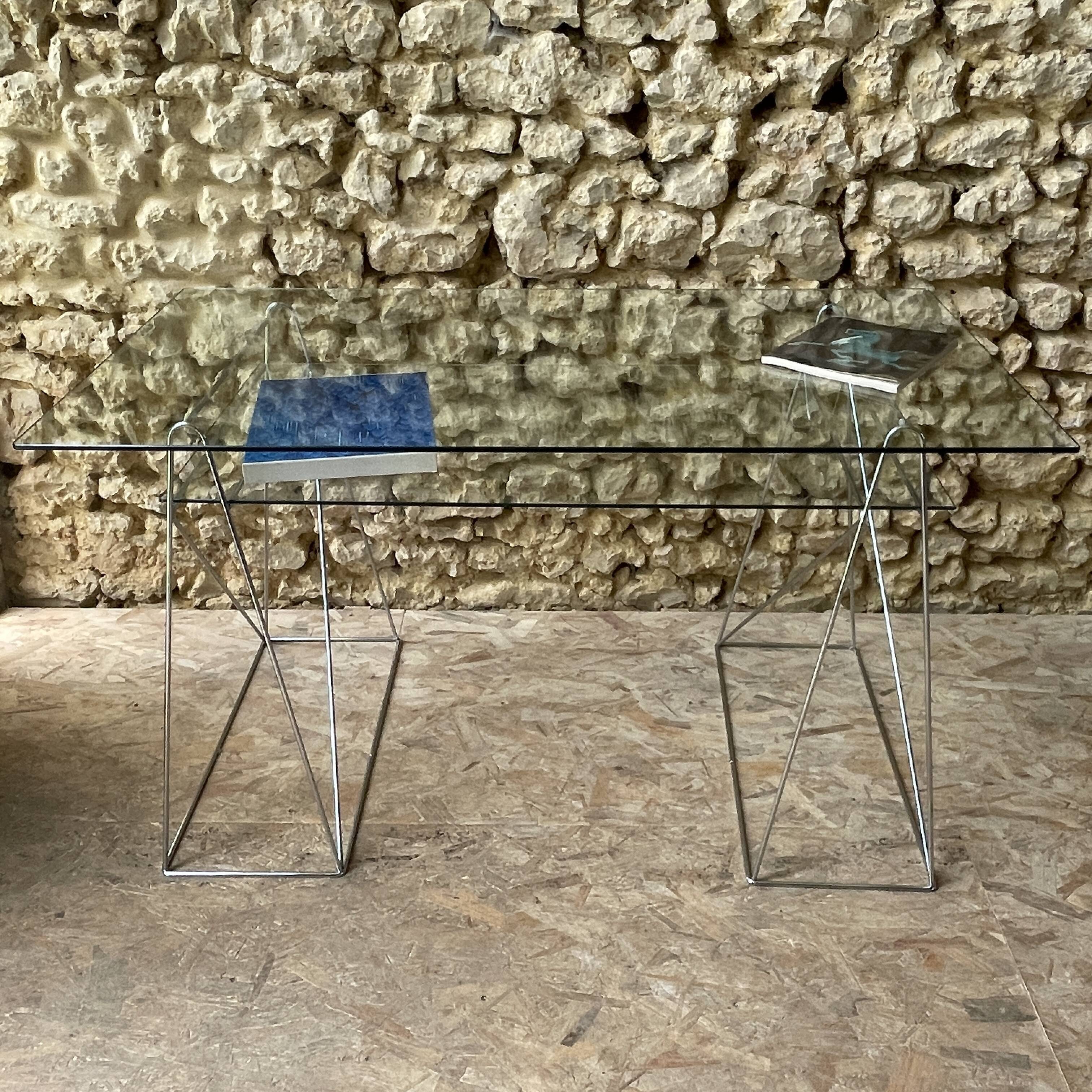 Glass desk - chrome metal trestles