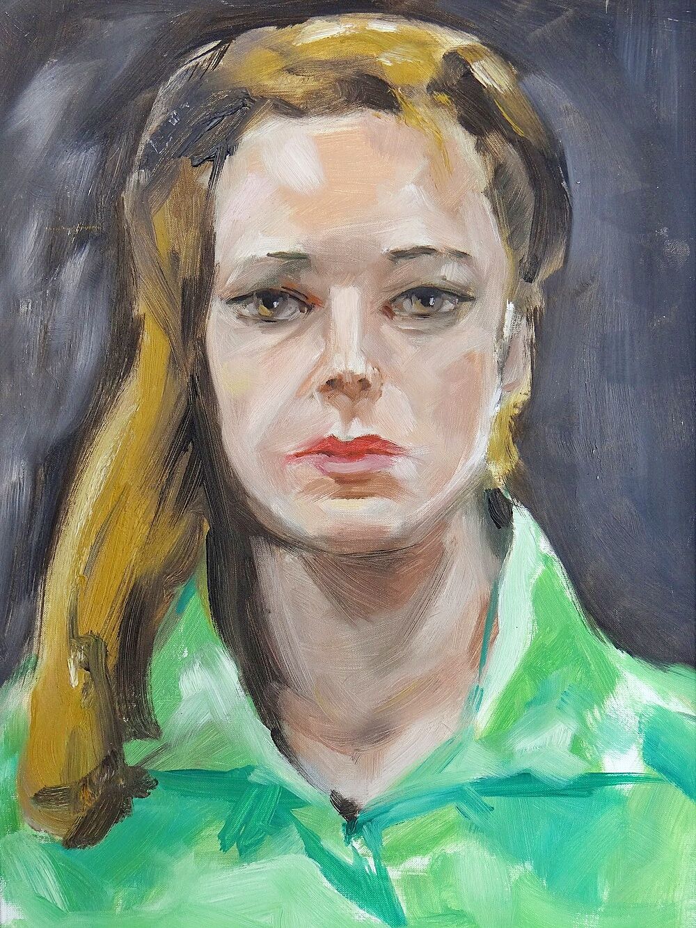 Portrait "La Femme en vert" vintage huile sur carton entoilé encadrement bois