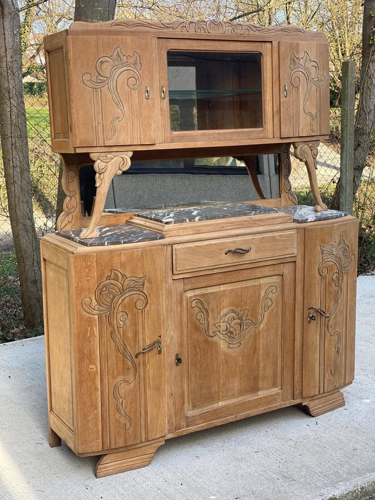 Parisian art deco 2-part buffet renovated in solid oak and marble 1940