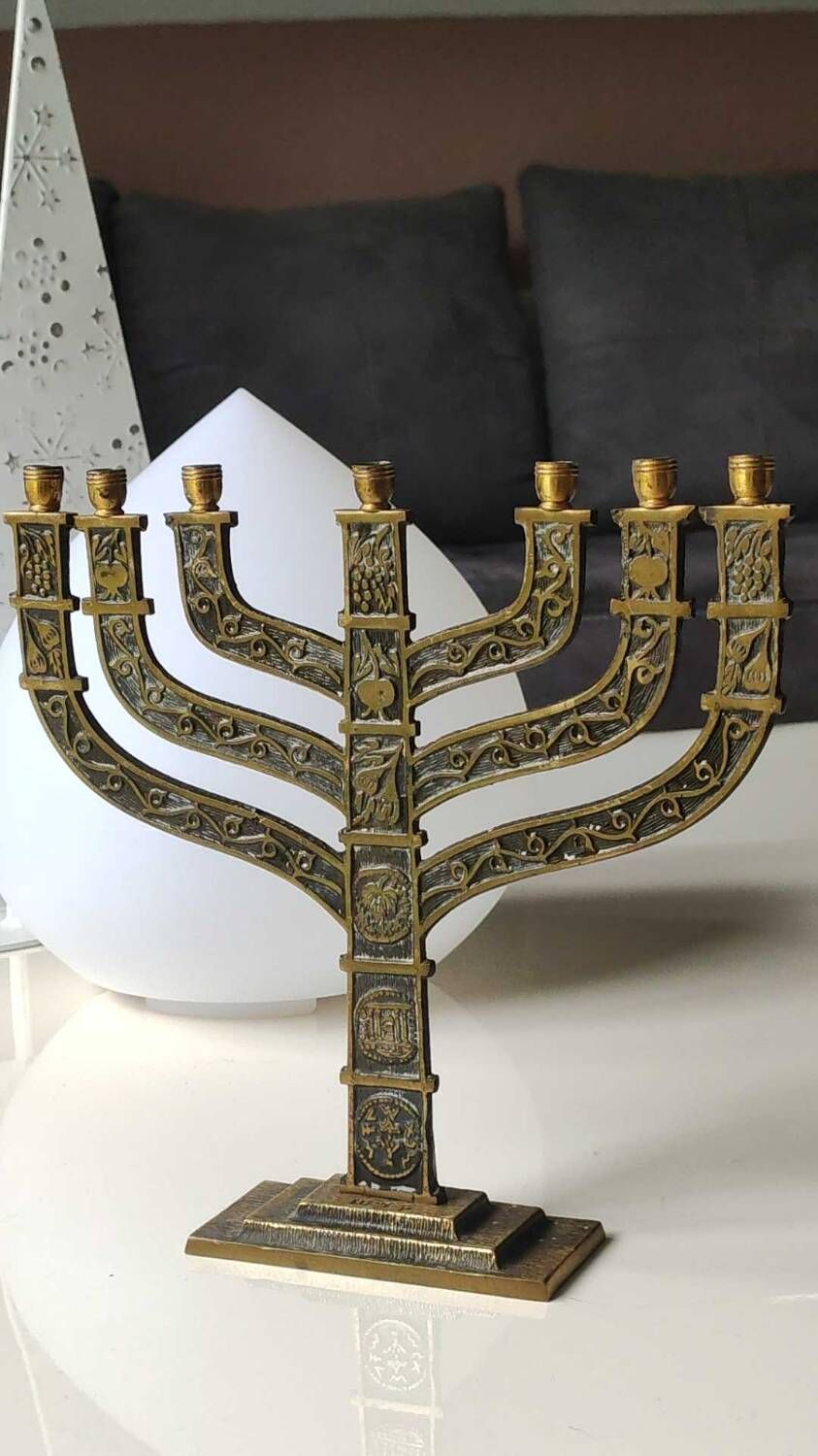 Old Large Menorah/Jewish/Hebrew Candlestick with 7 lights. Signed "Israel". 1950s. Size 23 x 24 cm