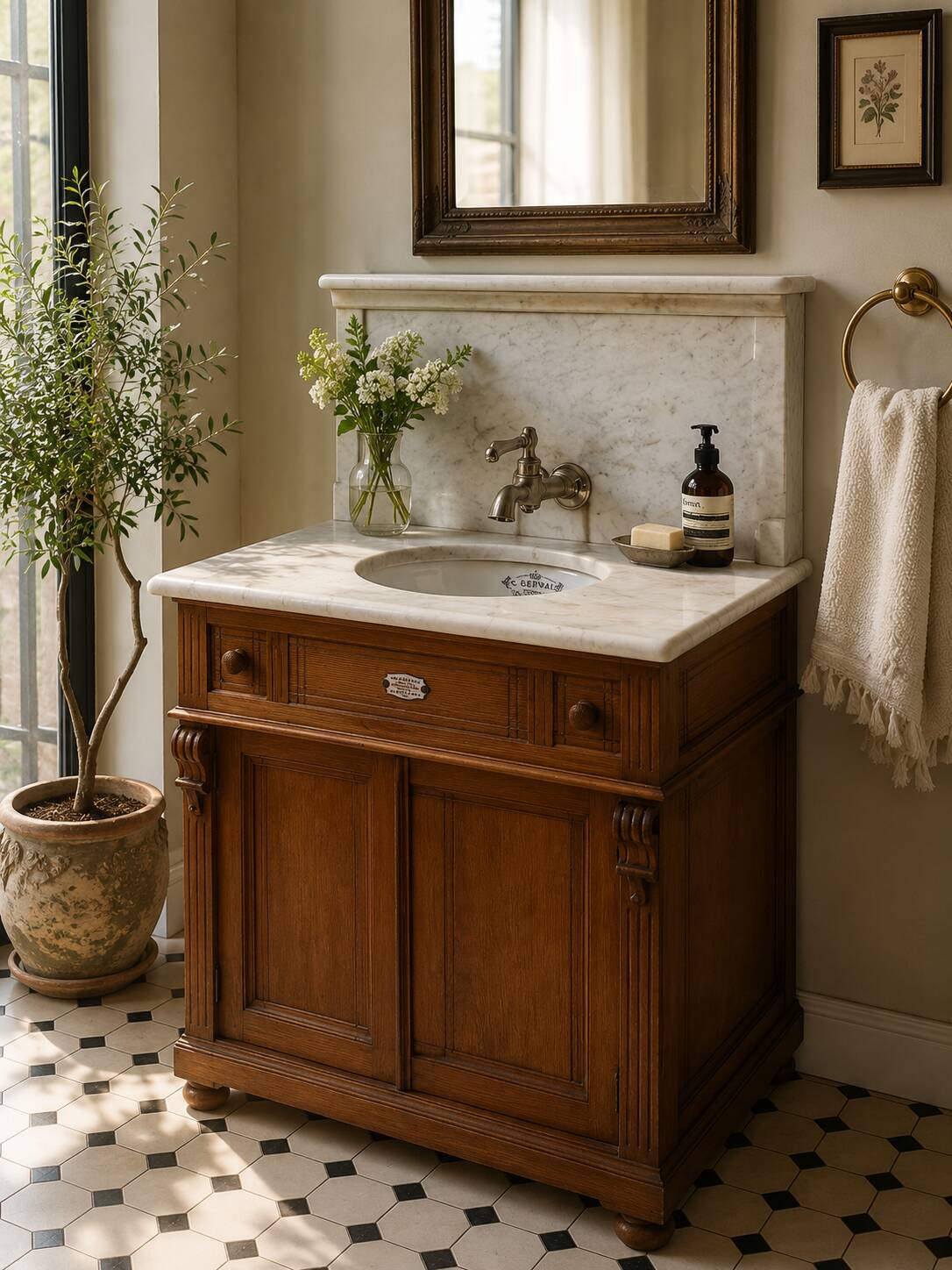 Meuble lavabo ancien Art Nouveau en bois et marbre C. Gervais Lyon