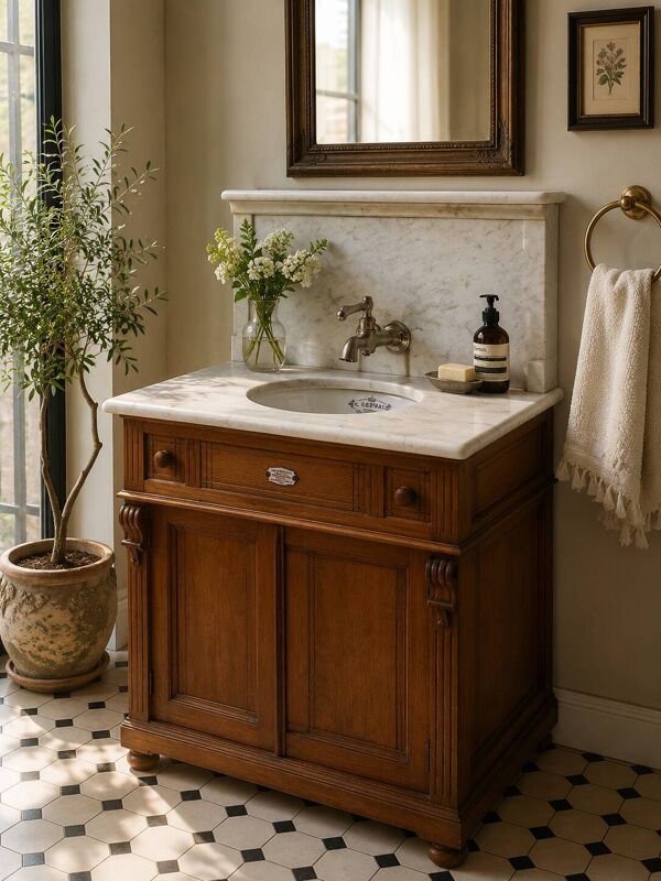 Meuble lavabo ancien Art Nouveau en bois et marbre C. Gervais Lyon