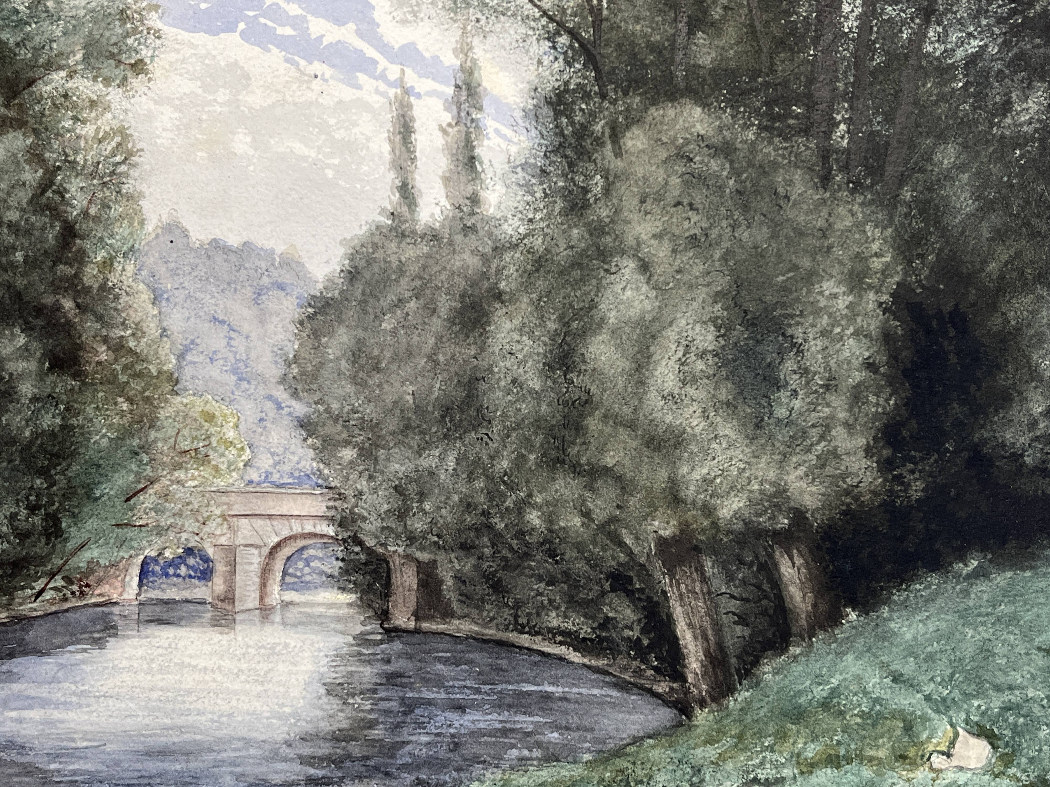 Pinet (h), watercolor landscape with bridge signed dated end of 19th century