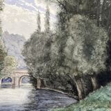Pinet (h), watercolor landscape with bridge signed dated end of 19th century
