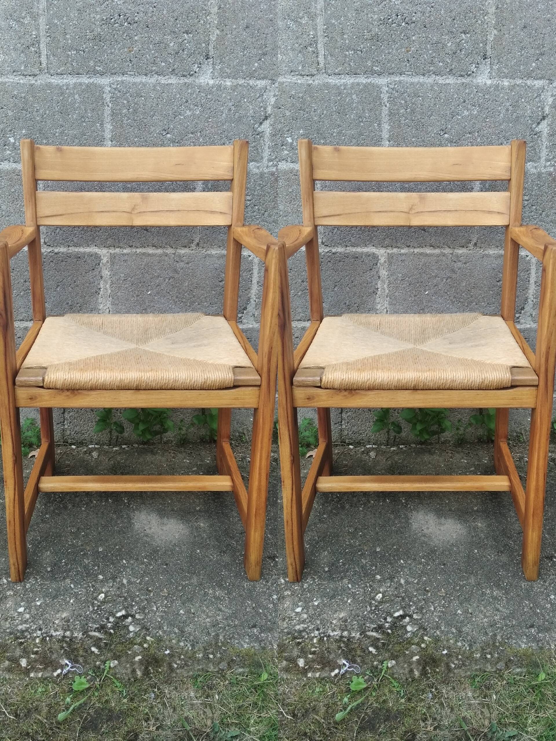 Paire de fauteuils années 50 paille et bois