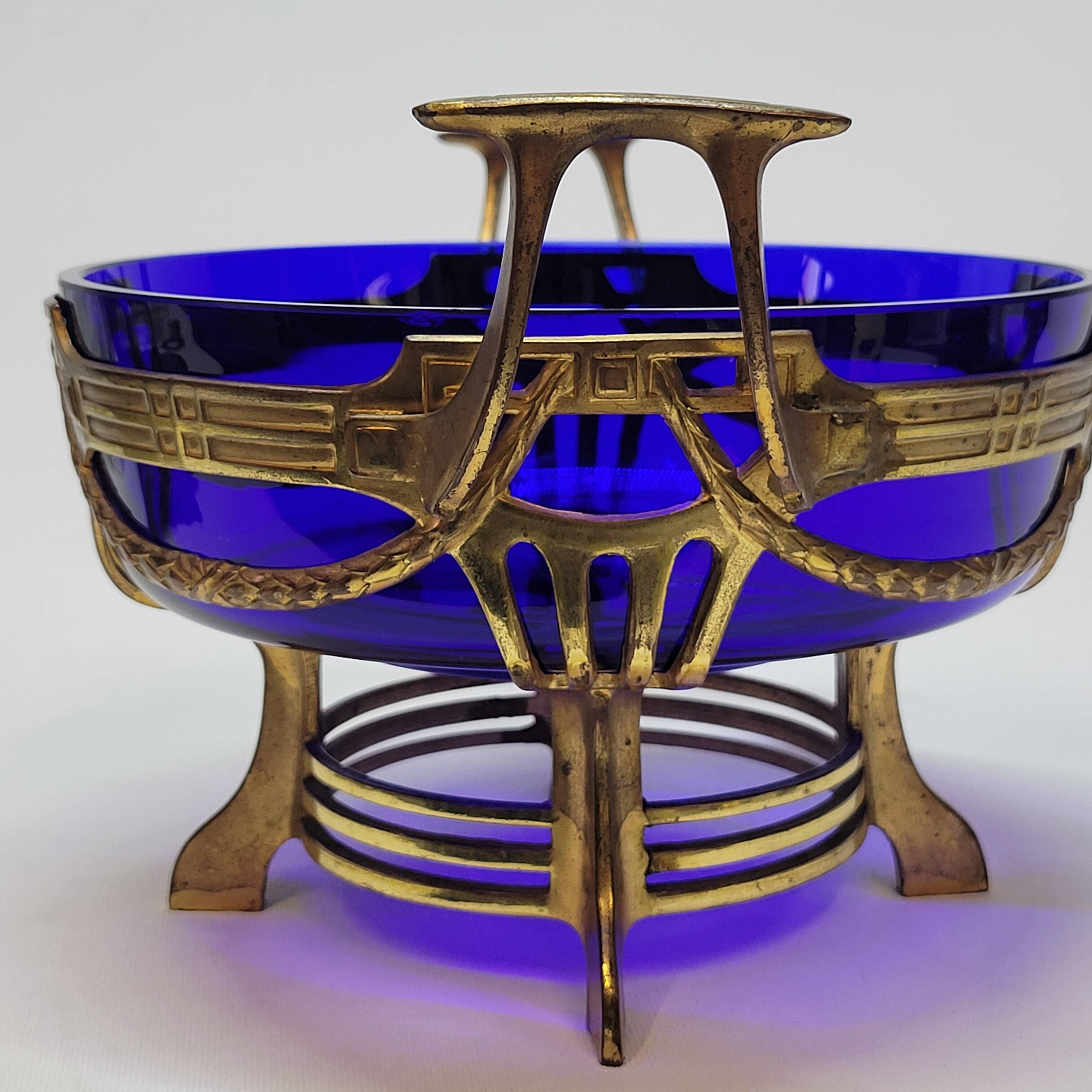 Antique gold metal and cobalt blue glass centerpiece planter