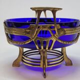 Ancienne jardinière centre de table en métal doré et verre bleu cobalt