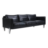 Vintage danish soren holst black leather 3 seater sofa with aluminium legs