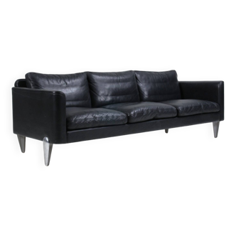 Vintage danish soren holst black leather 3 seater sofa with aluminium legs