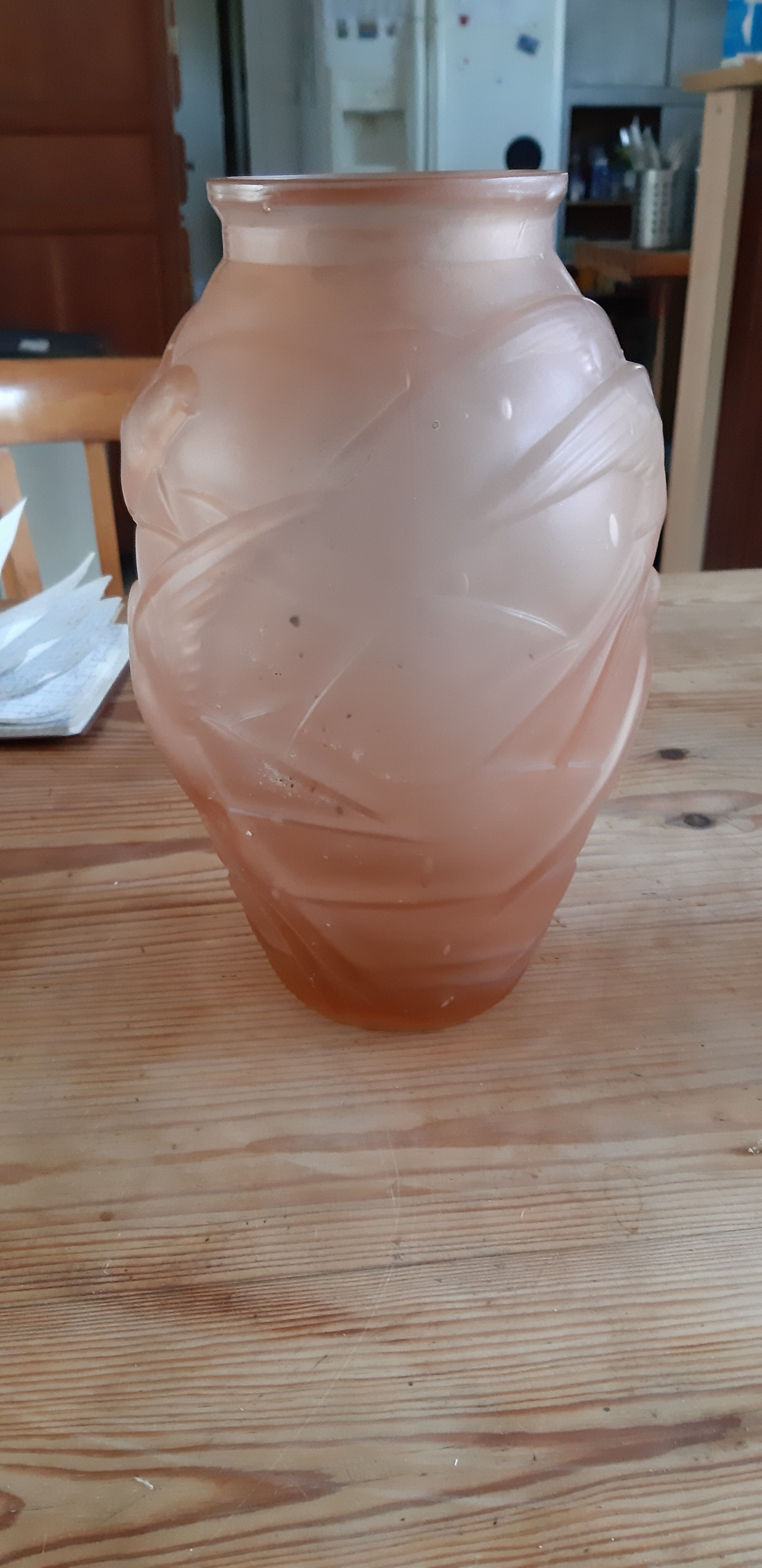 Pair of art deco vases in salmon glass signed NS