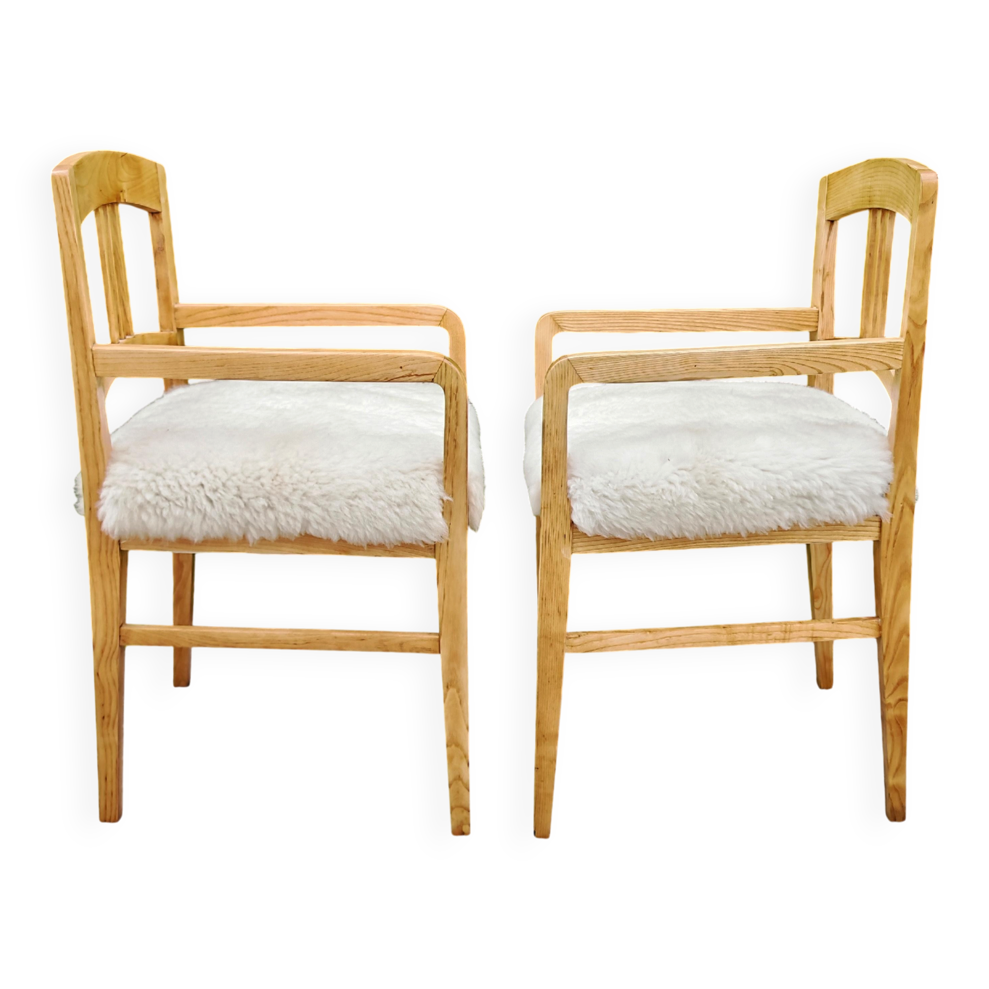 Pair of Jugendstil armchairs in solid ash and sheepskin 1910