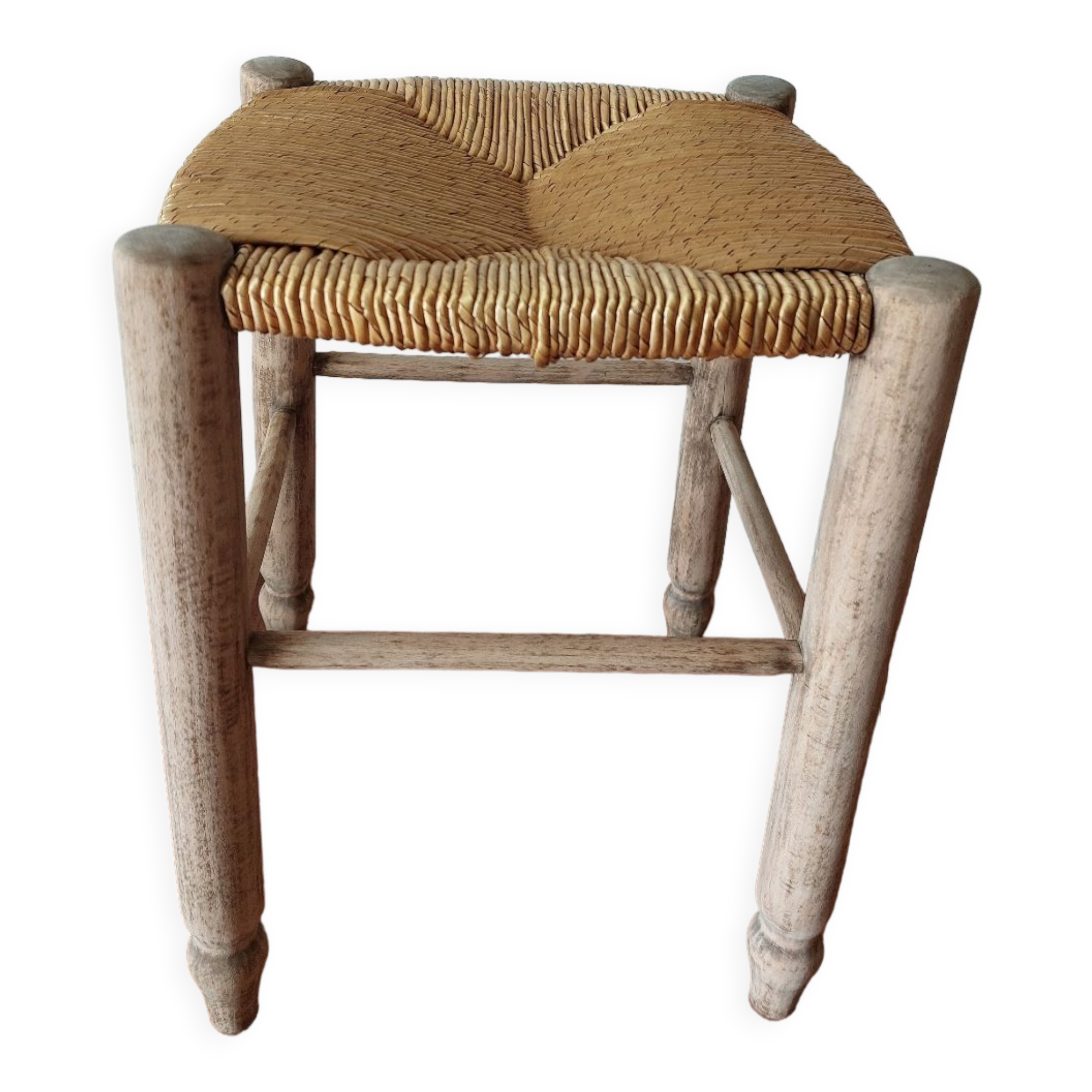 French wooden stool and vintage straw