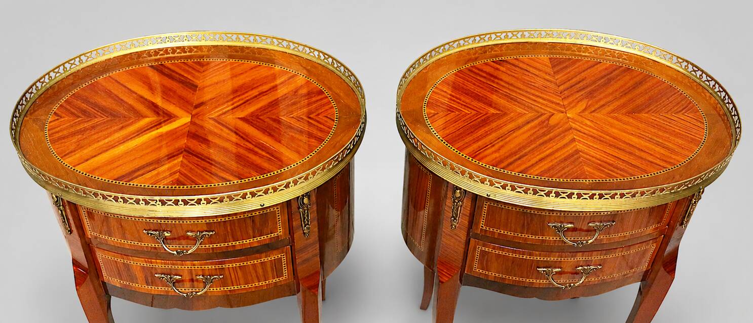 Pair of Bedside Tables / Salon in Marquetry Transition Style Louis XV/Louis XVI