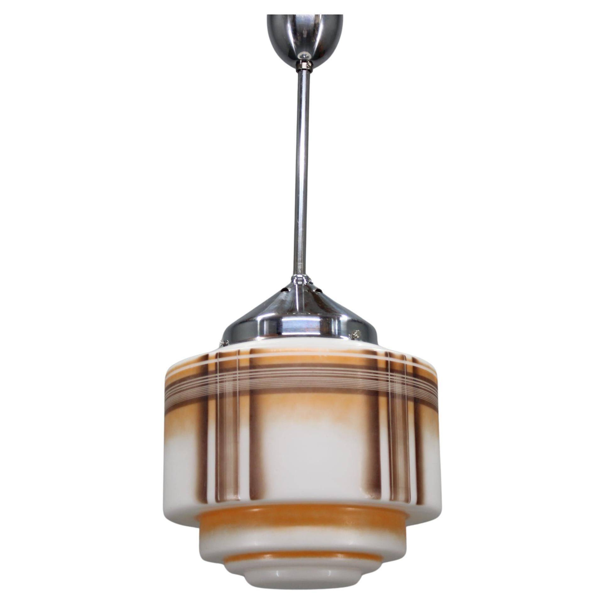 1930s Napako Art Deco pendant light in chrome and glass, restored, new wiring