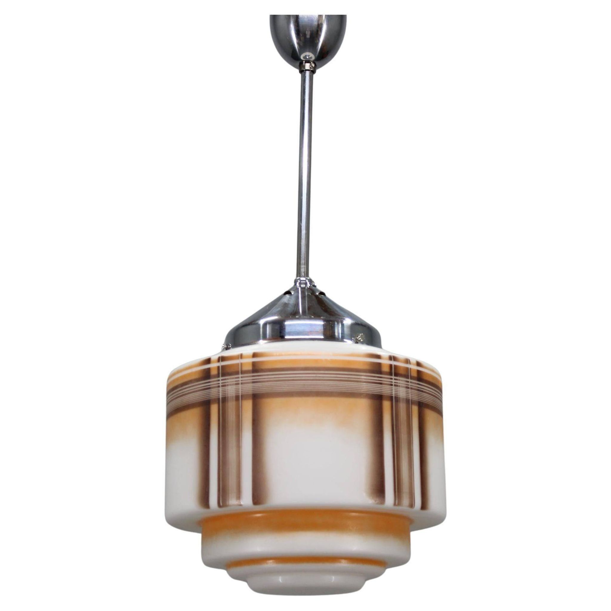 1930s Napako Art Deco pendant light in chrome and glass, restored, new wiring