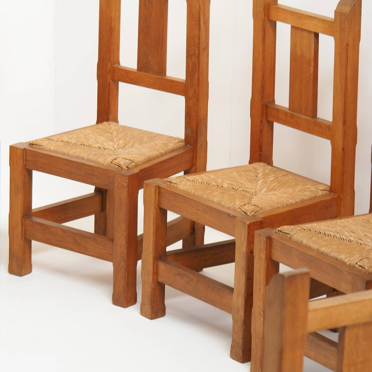 Set of Eight Handmade Solid Oak Chairs, 1970s