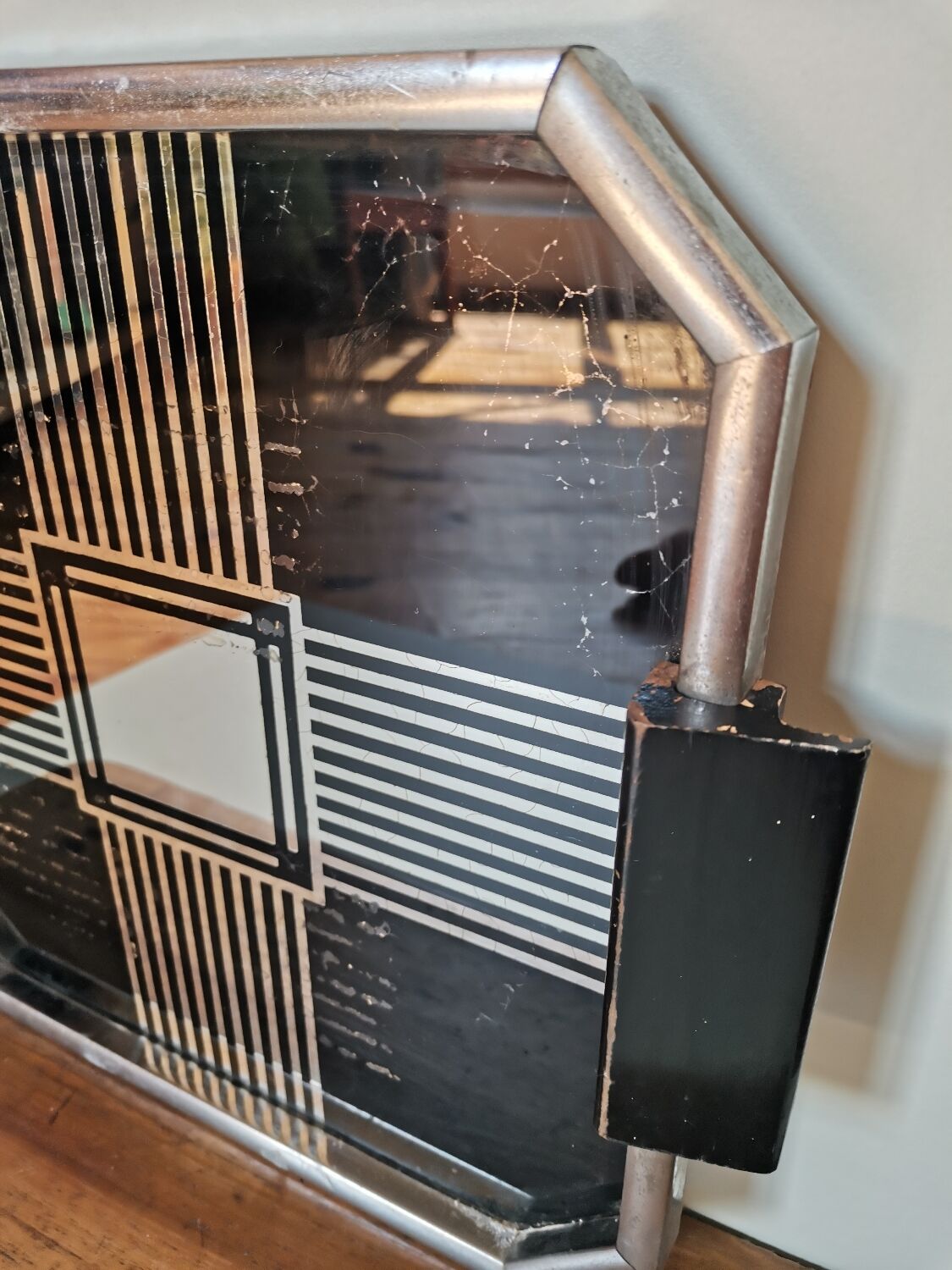 Vintage art deco top wood mirror, metal and mirror with geometric design lines