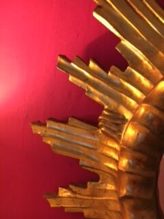 Mirror sun gilded wood leaf 57 cm, middle XXth