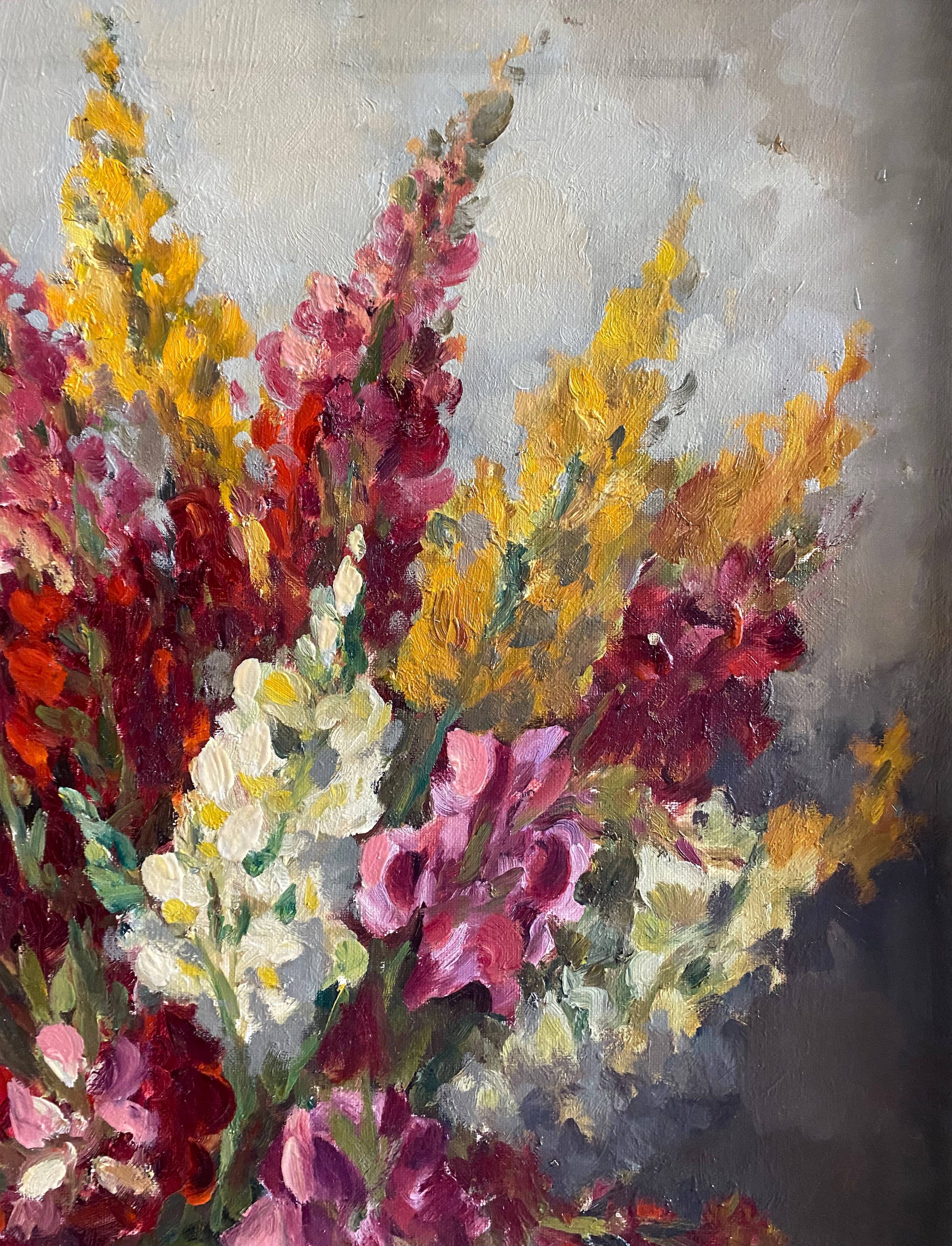 Hst painting of 1970 : "bouquet of muffliers flowers" signed m. l. petit