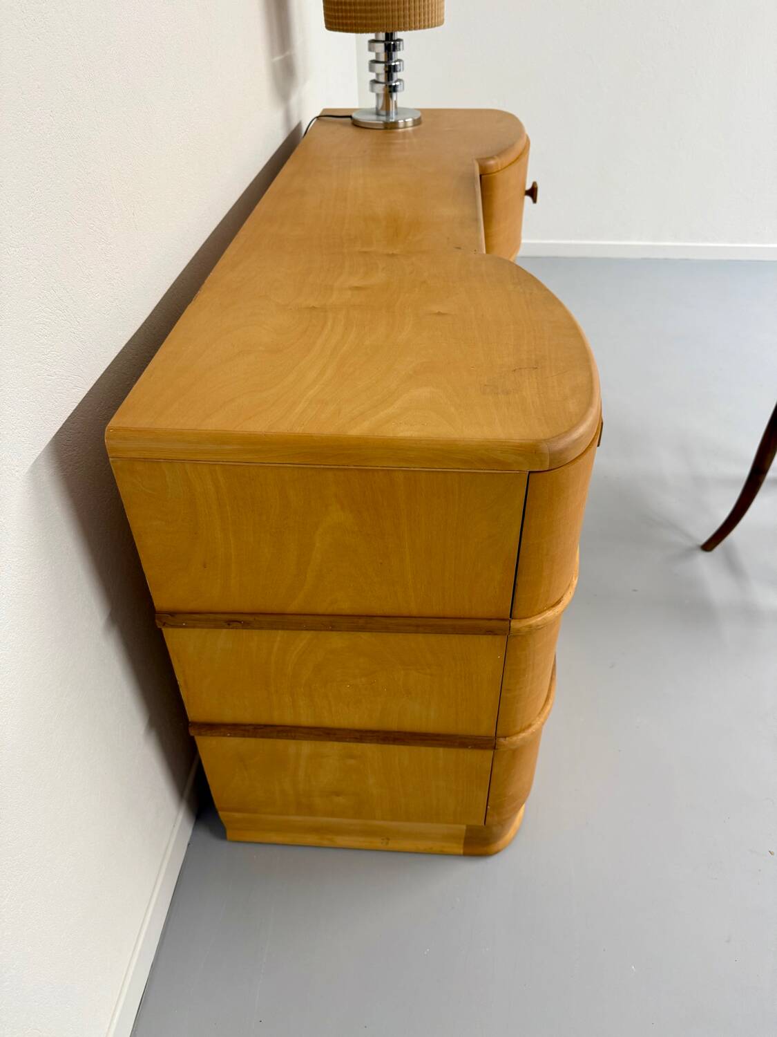 Old beech desk in art deco style with drawer, vintage 60s