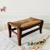 Small bench stool footrest in wood and vintage straw