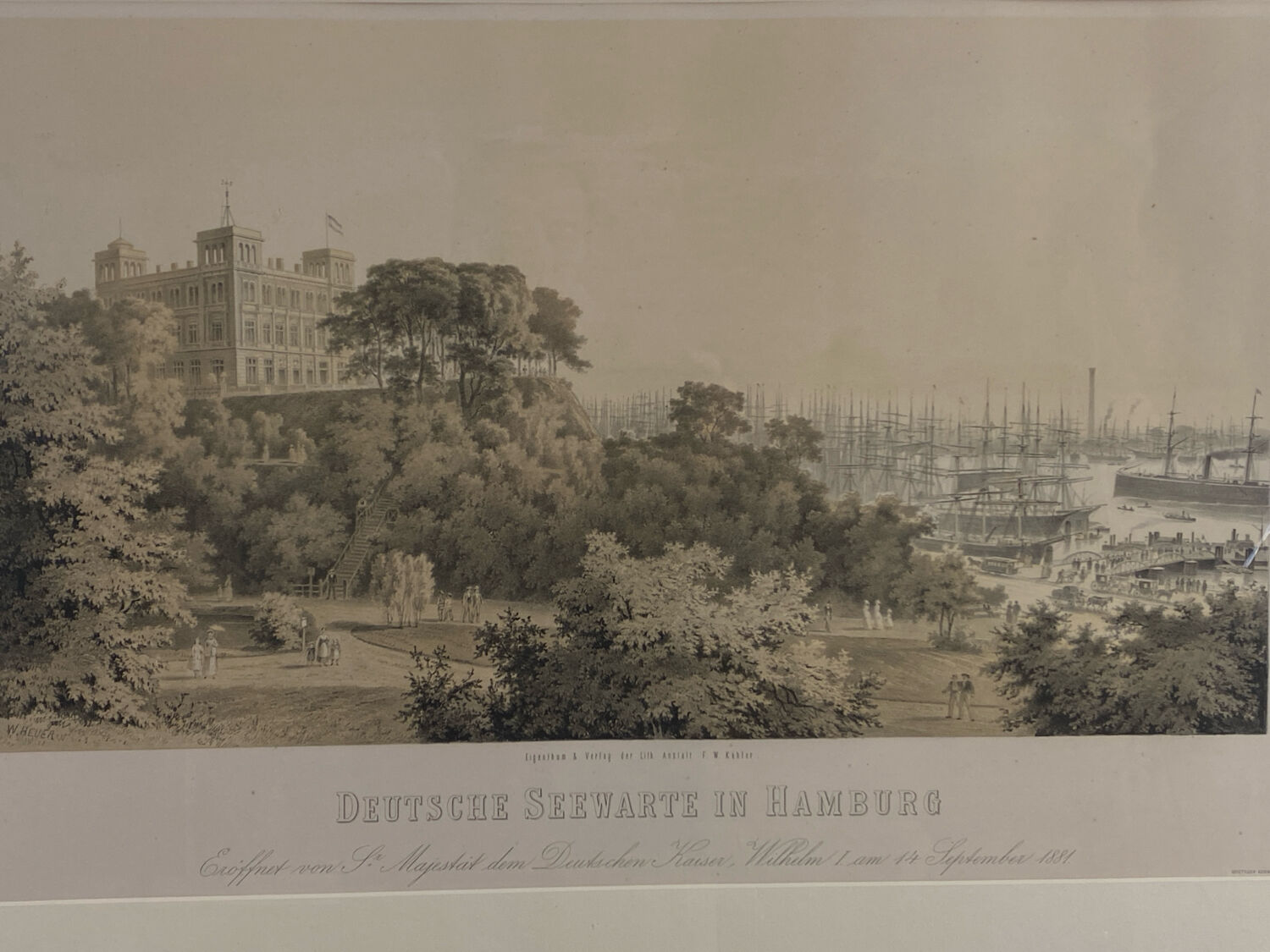 Lithograph under glass "Port of Hamburg", 19th century.