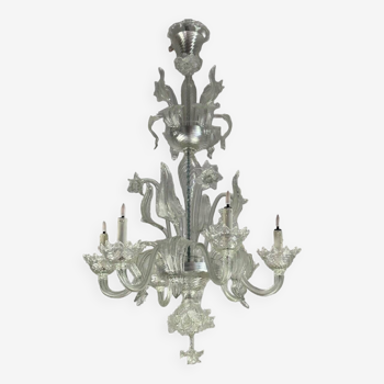 Venetian chandelier in colorless murano glass, 6 arms of light circa 1950