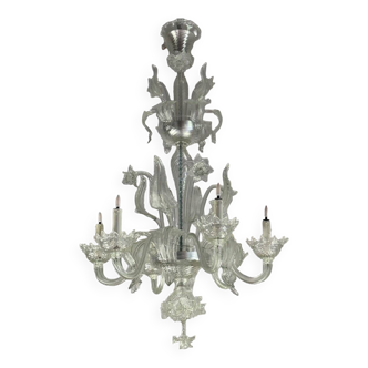 Lustre vénitien en verre de murano incolore, 6 bras de lumière vers 1950