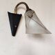 1950s wall lamp, metal, flexible brass stem and opaque shade.