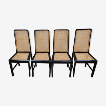 4 chaiseS en bois laqué noir et cannage des années 70