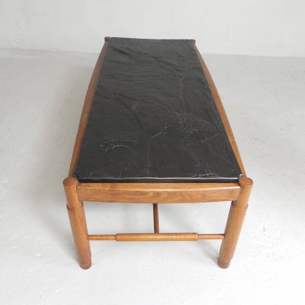 Table basse vintage en chêne avec plateau en ardoise dans un cadre en chêne, années 1960