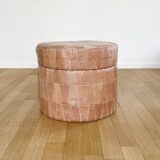 Pouf coffre patchwork cuir beige