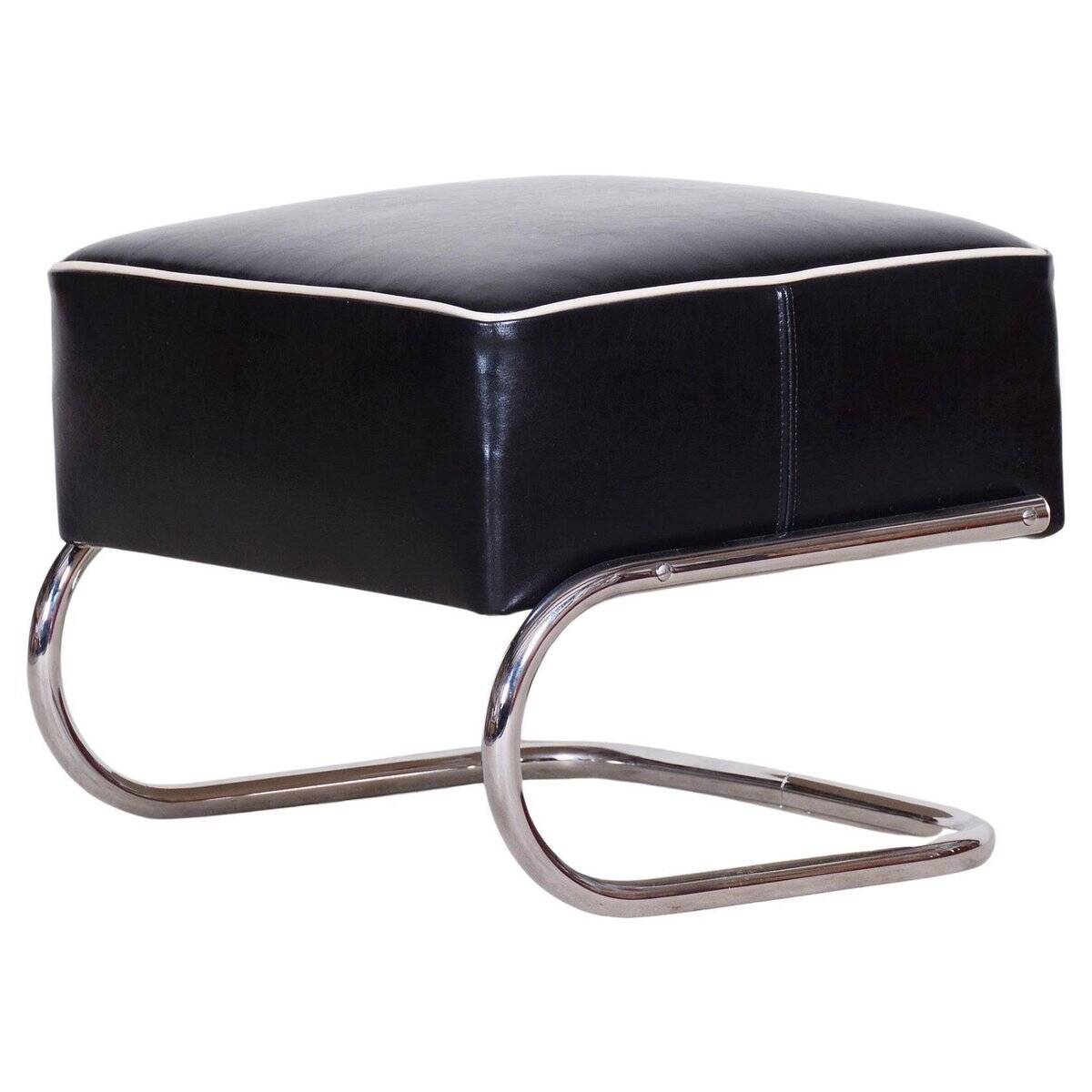 Black Leather Footstool from Slezák, Czechia, 1930s