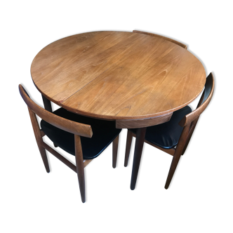 Extension table and 4 chairs by Hans Olsen edited by Frem Rolje