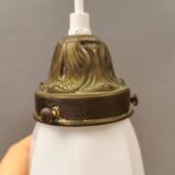 Small delicious tulip shaped hanging lamp in white opal glass with brass top.