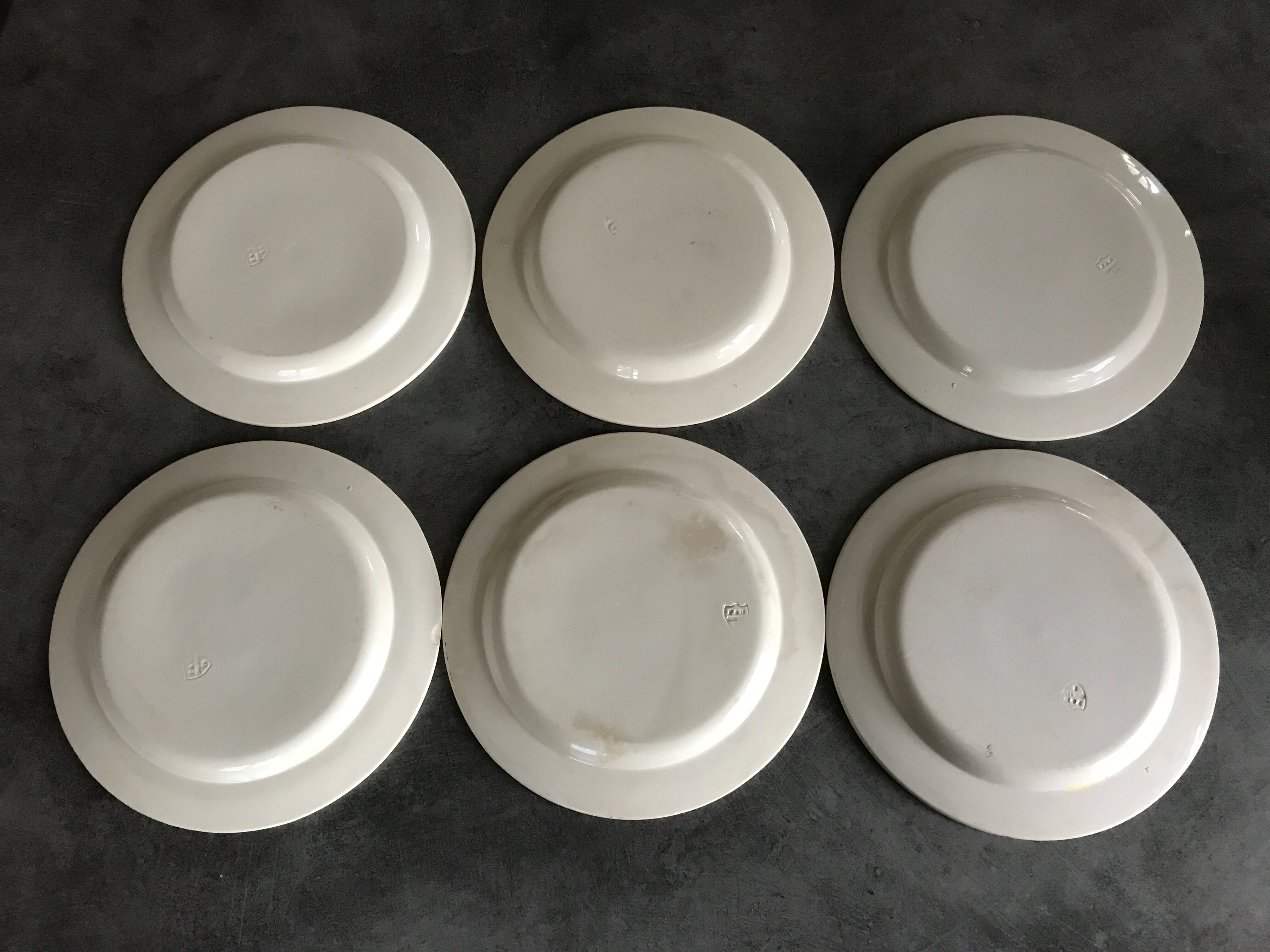 Lot of 6 plates in fine earthenware from choisy-le-roi, p&h, rebus décor; xixth