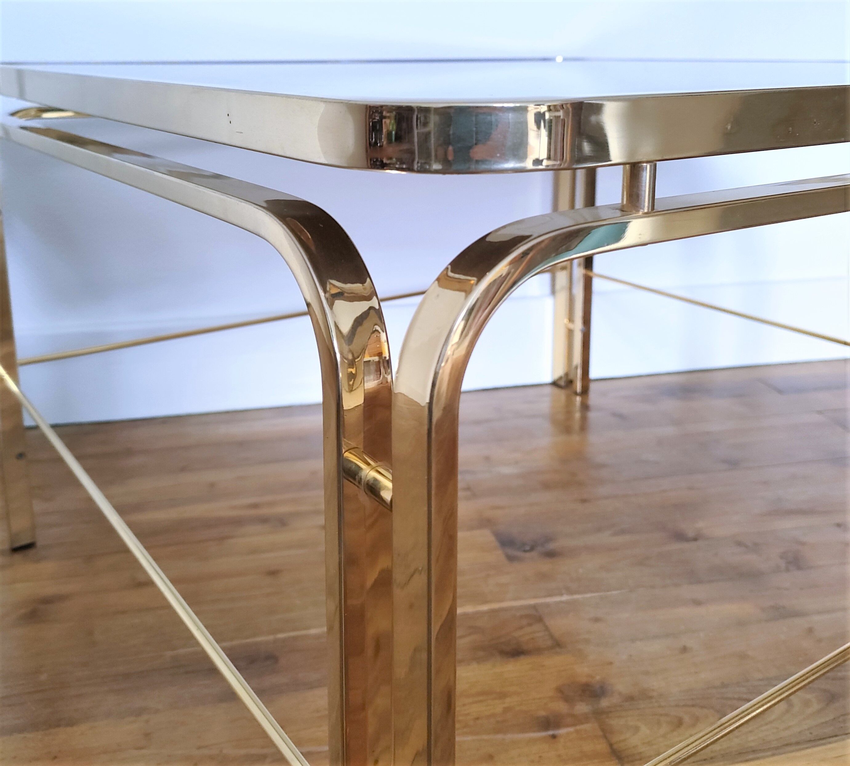 Coffee table glass smoked metal gilded Italian design 80s stamped