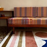 Peter Hvidt Knoll wooden banquette sofa with new cushions.