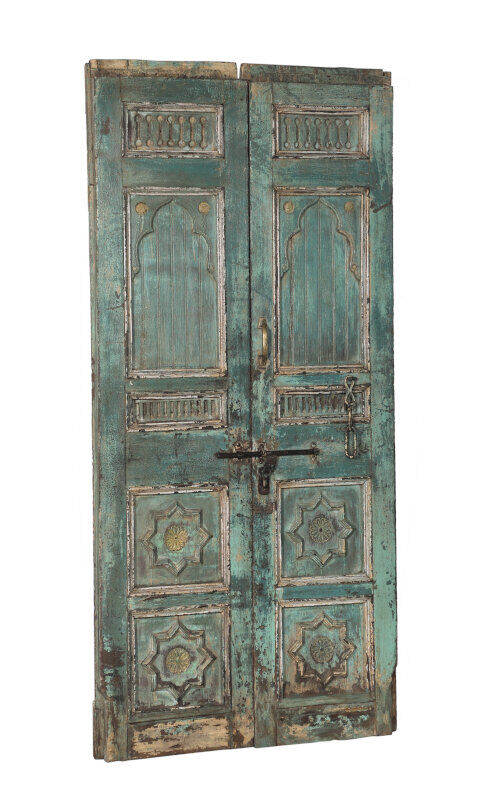 Old indian door green piece and patina of origin 120x20x200cm