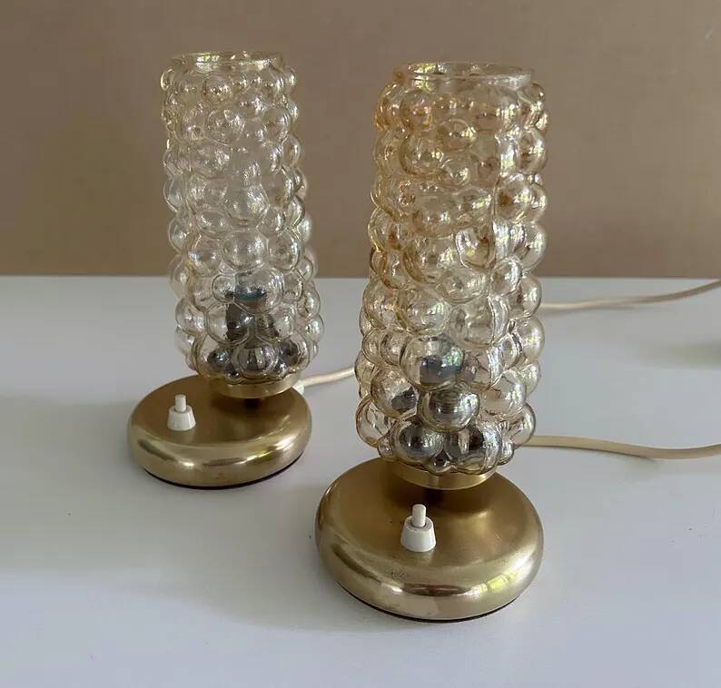 Pair Vintage  Lamps, Bedside, Bubble Glass