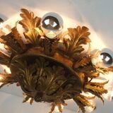 Plafonnier italien vintage lampe florentine feuilles en métal style régence hollywoodienne