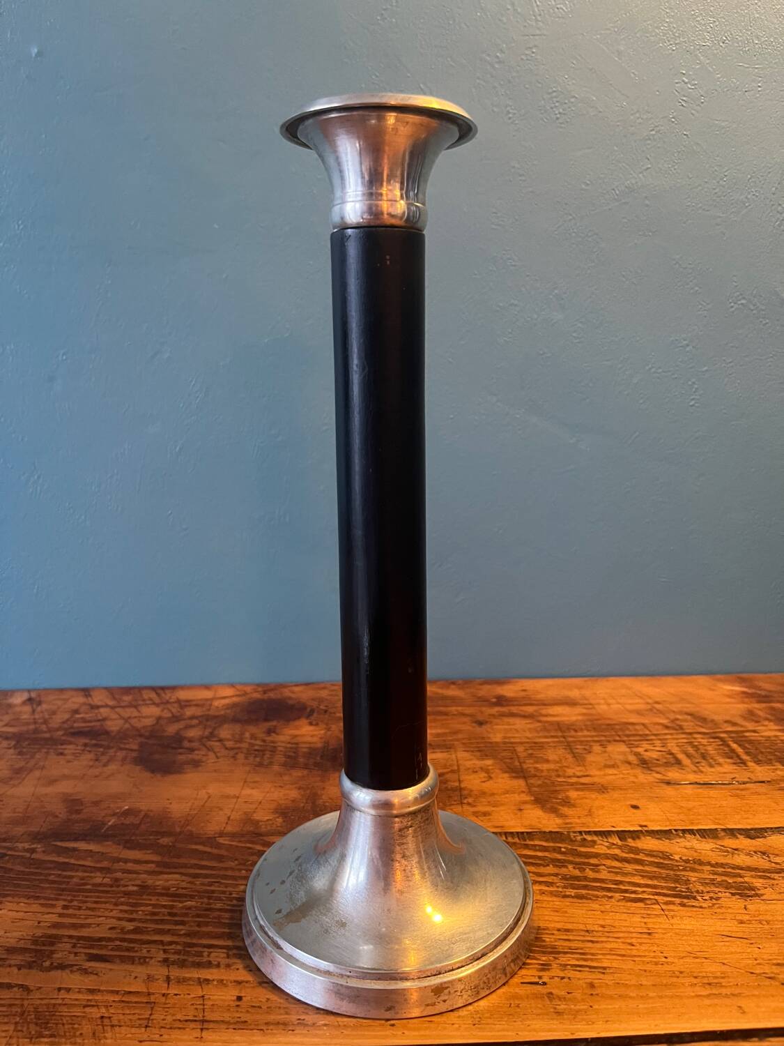 Trio of metal and wood candlesticks from the 80s