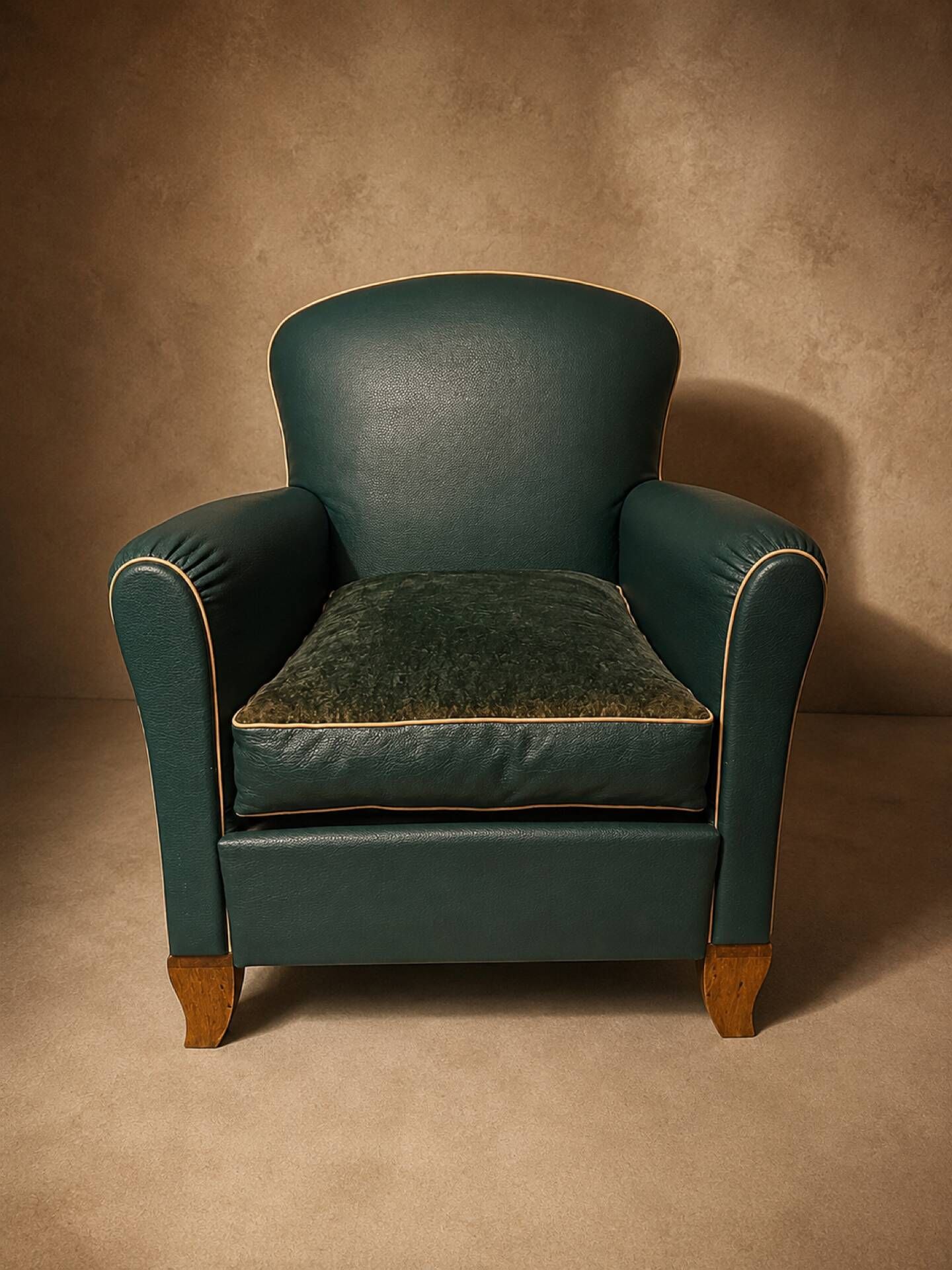 Fauteuil club en simili-cuir et noyer