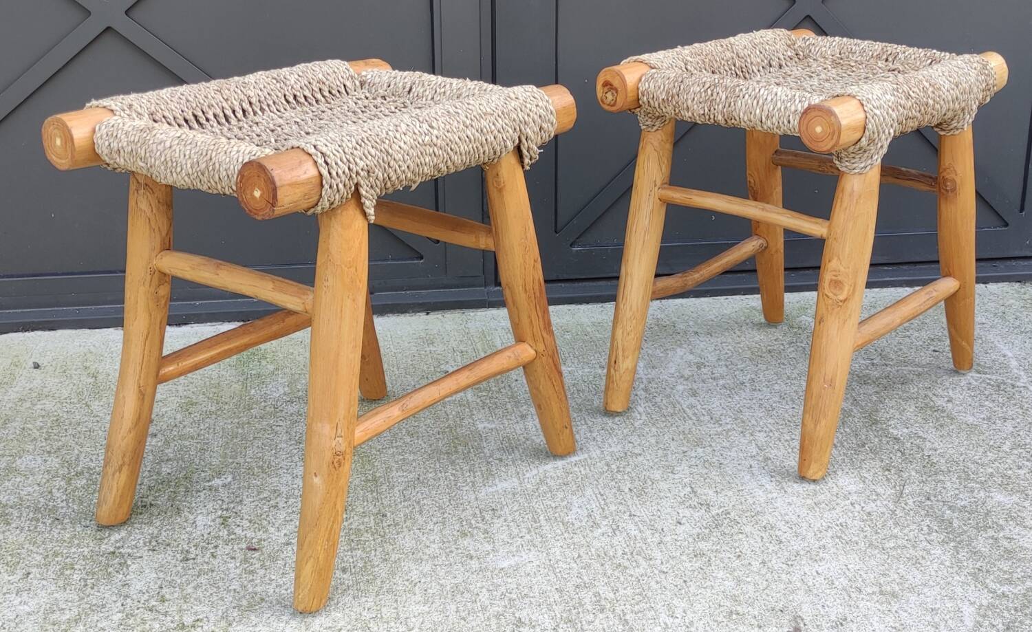 Pair of brutalist seagrass stools/20th century design/sofa end