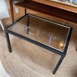 Table d’appoint verre et métal noir et or, 1970