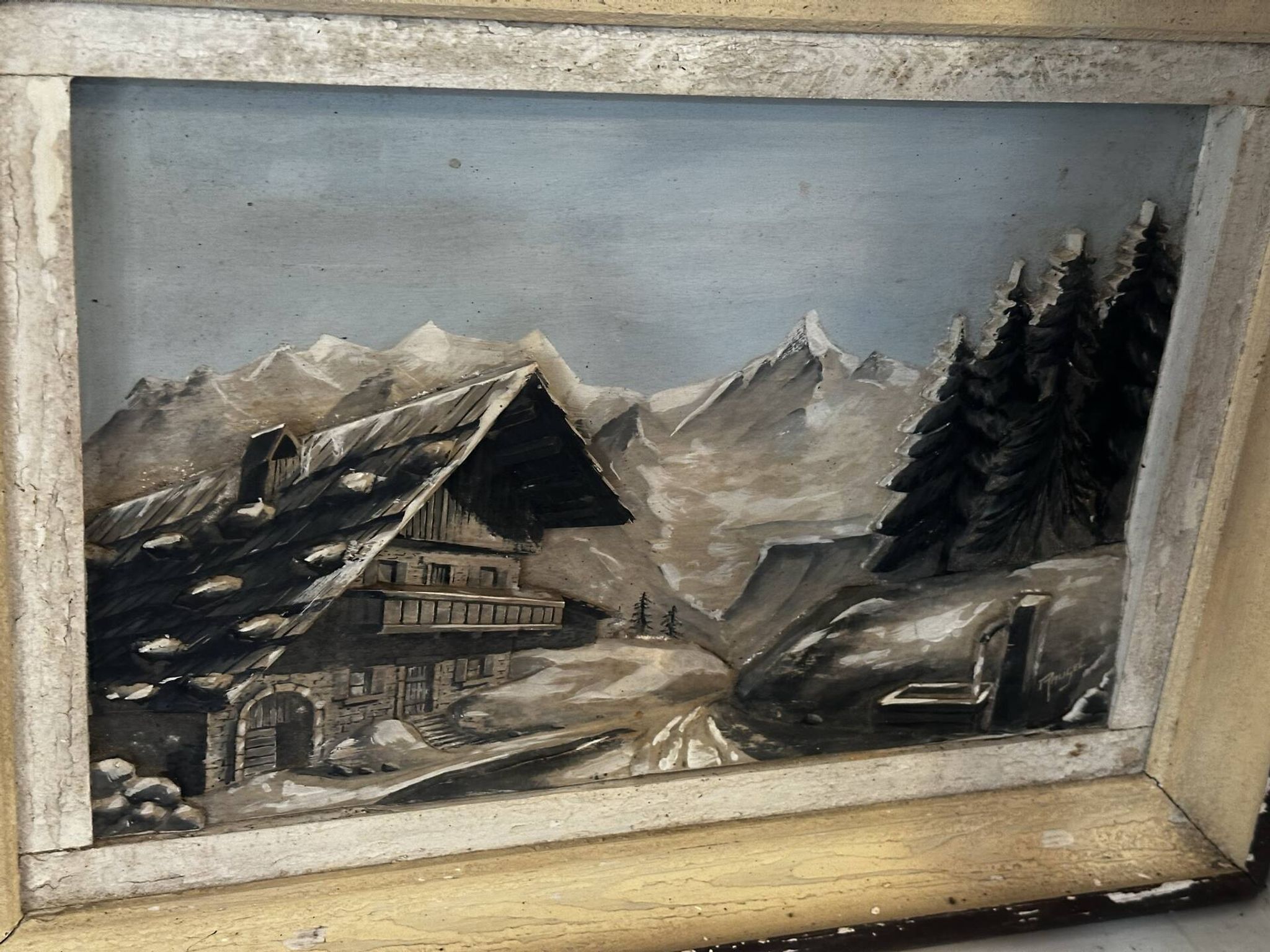 Sculpted and painted Alpine table mid-century L 56 cm/H 43 cm