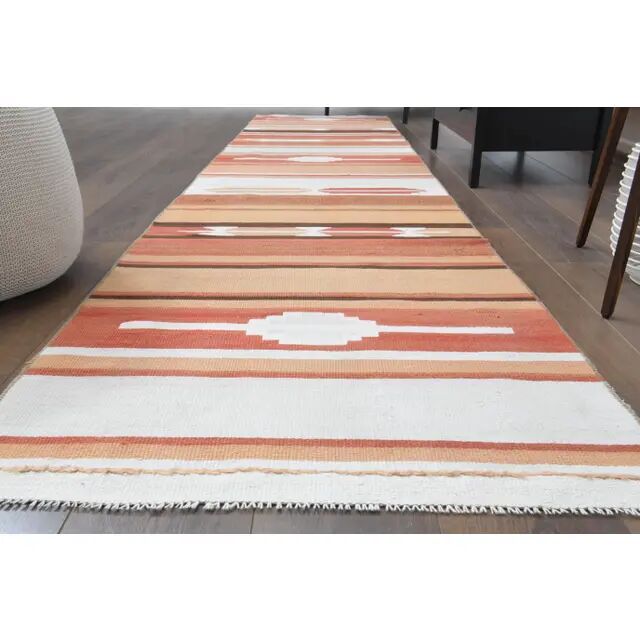 1970s Vintage Turkish Hand-Knotted Wool Cotton Orange Runner Rug 85389
