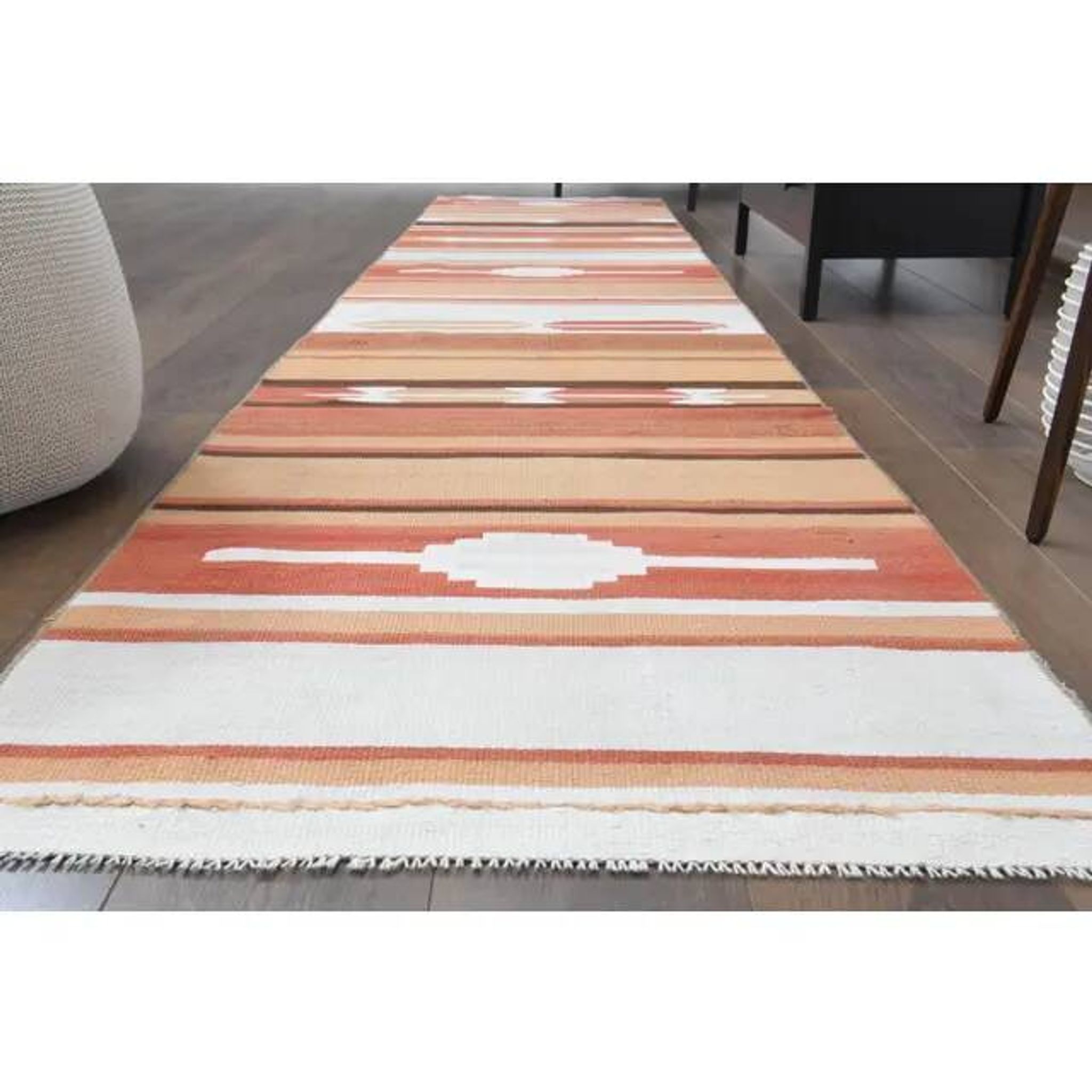 1970s Vintage Turkish Hand-Knotted Wool Cotton Orange Runner Rug 85389