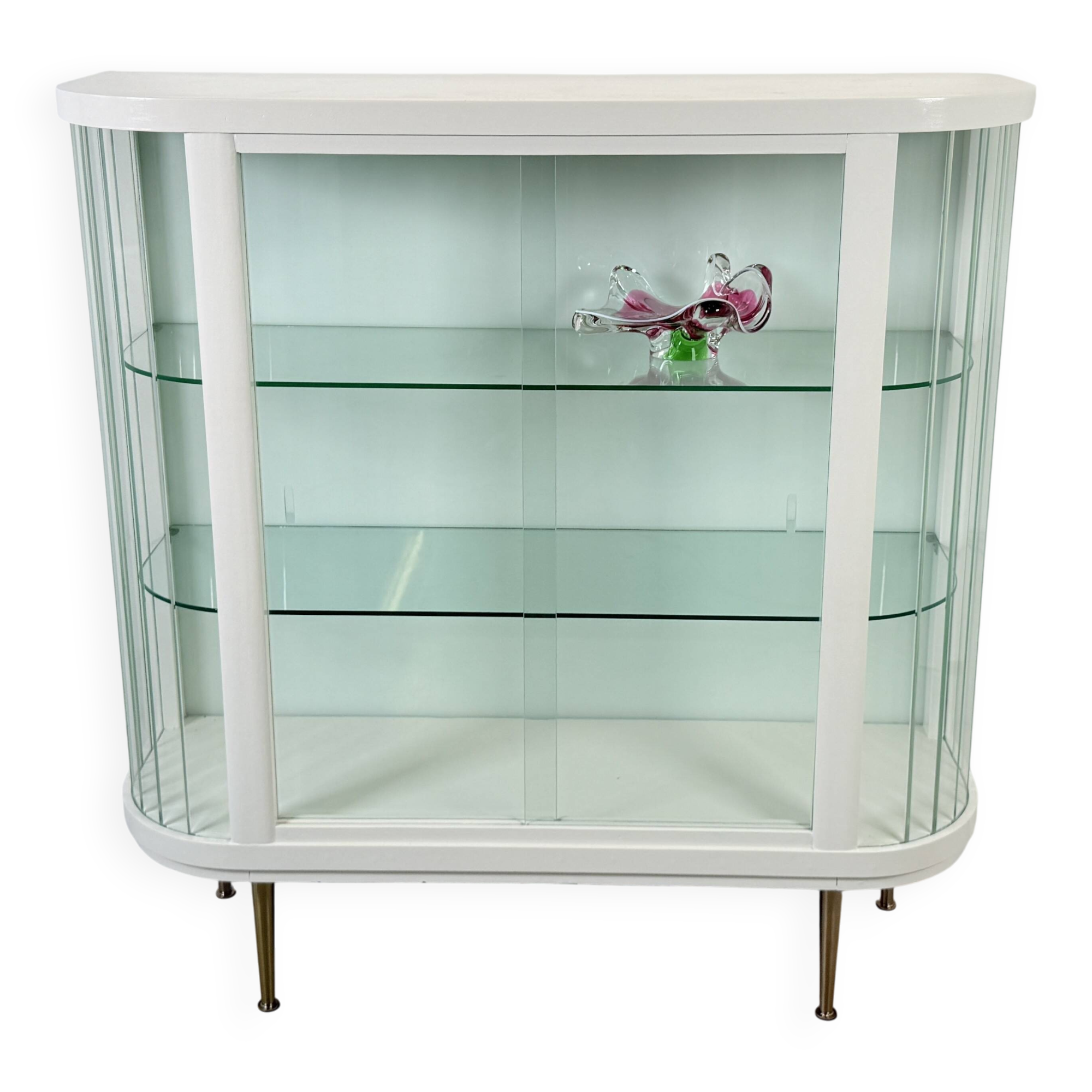 White vintage slatted display case on gold legs